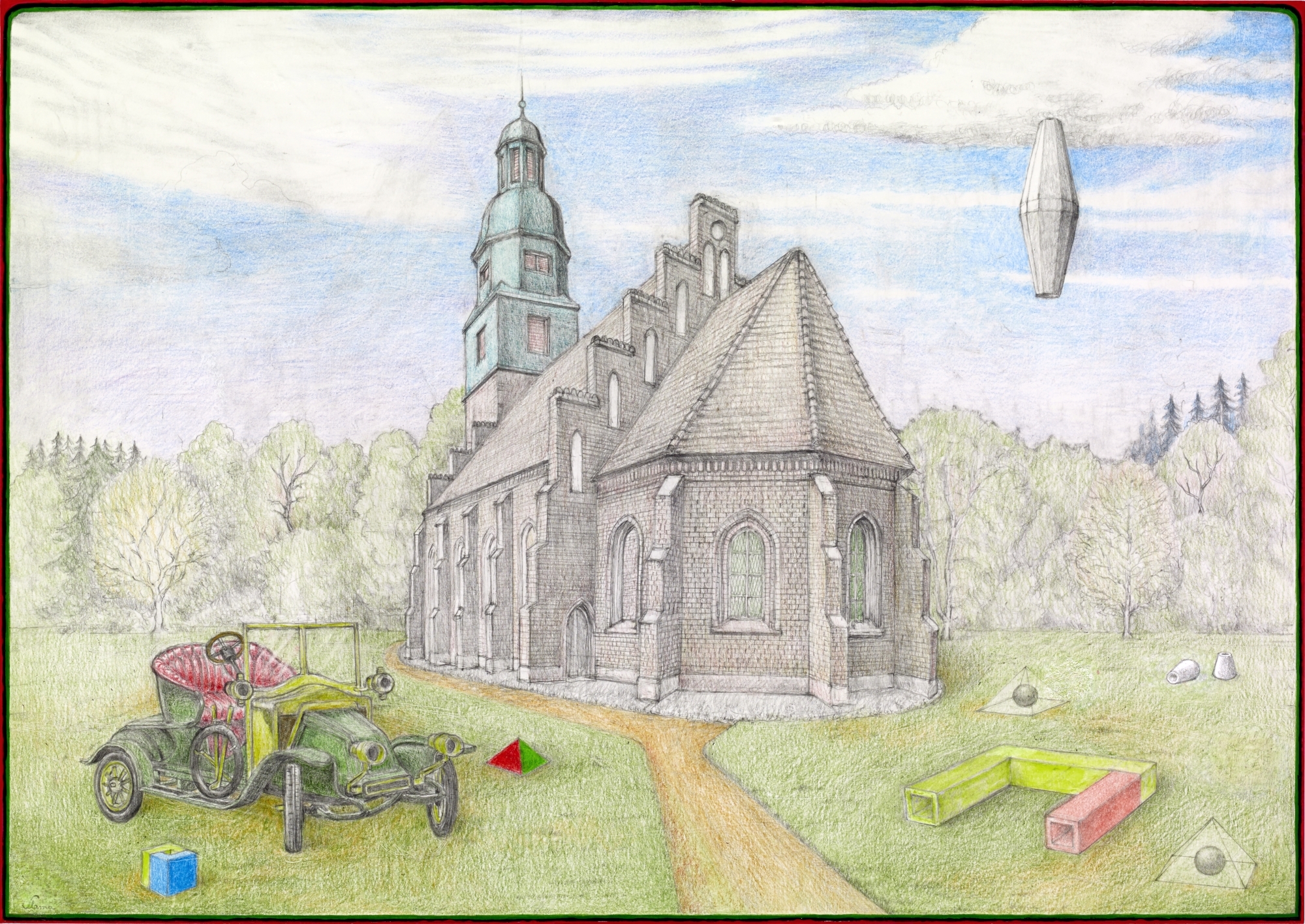 Dionysian Cult Centre with 1911 Renault 2-Seater  (297 × 420mm, pencil, coloured pencil, acrylics on paper, © 2013 by the Tellurian Society and Manfred Gorre)