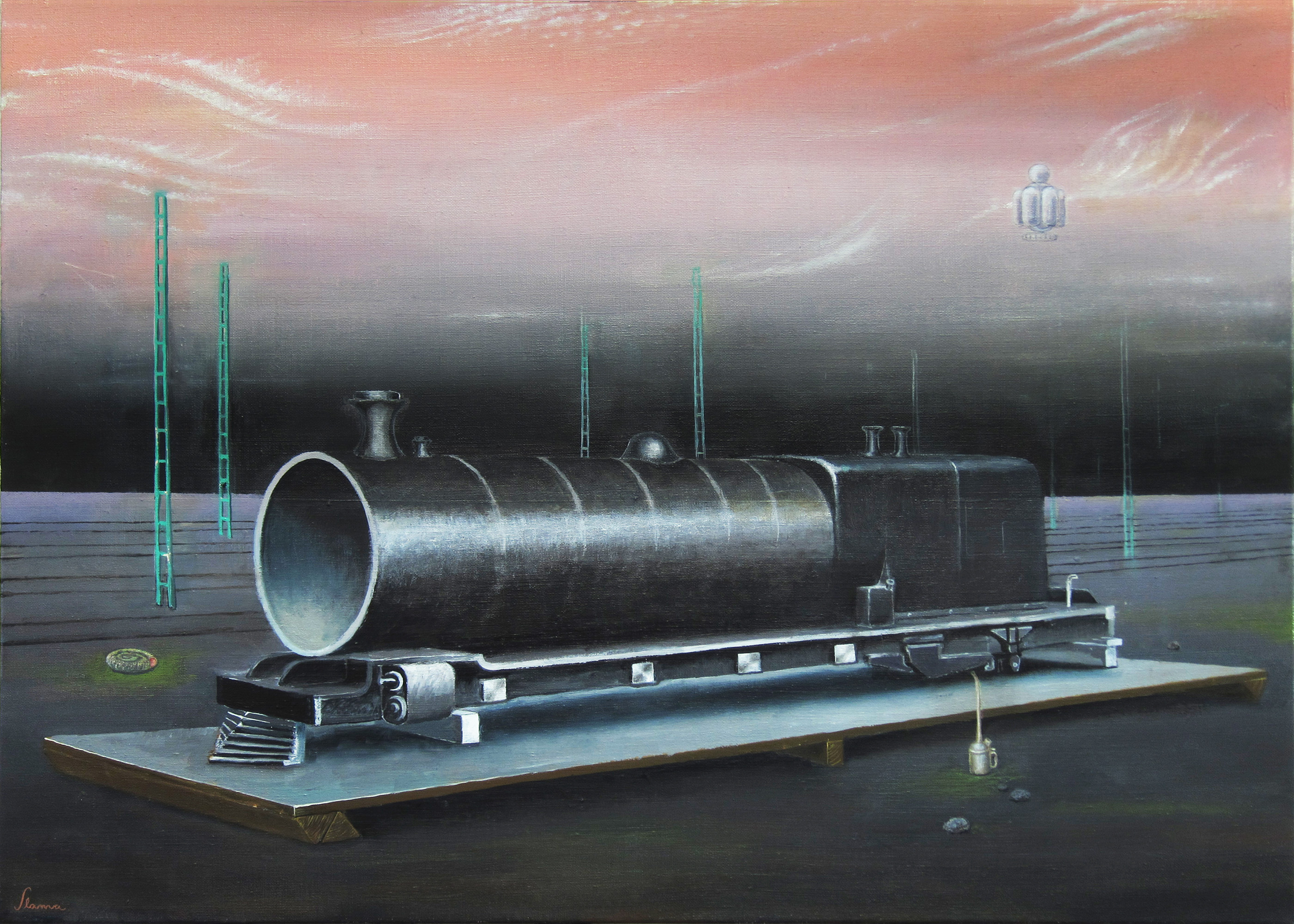 Oil painting resembling surrealist inspired propaganda material for the hobby of (model) railroading. All art and comments by Torsten Slama and the Aristocratic Toy Engine Society.